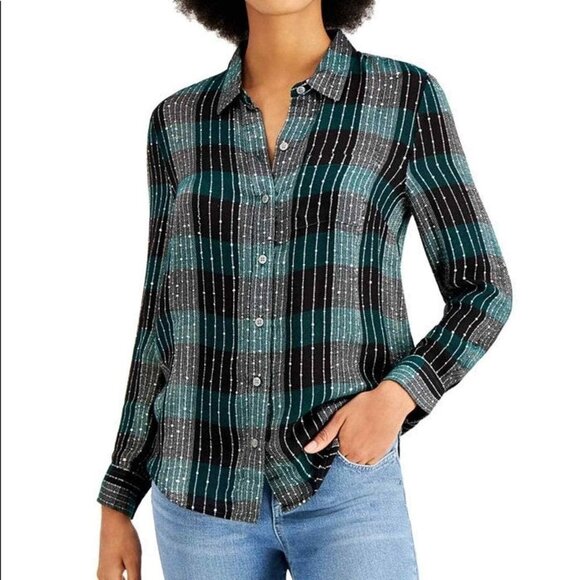 NEW Style & Co Plaid Mountain Green Shimmer Button Down Shirt P1448 - Picture 1 of 11
